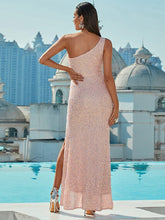 Pink Seuqin One Shoulder Split Cocktail Dress
